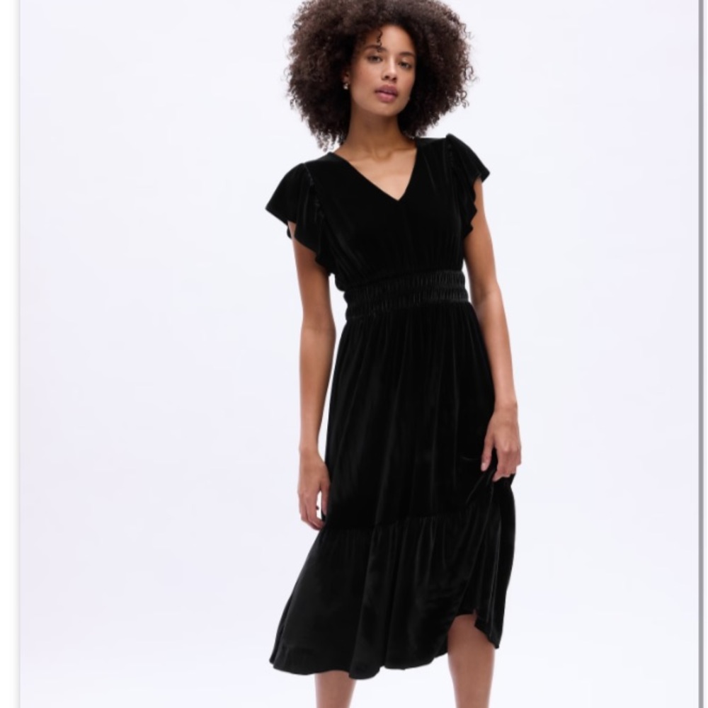 Gap Black Velour Flutter Sleeve MIDI Dress Size Small NWT